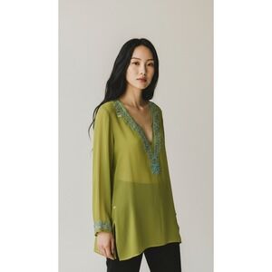 Vintage Itsu 100% Silk Beaded Lime Green Tunic Blouse Sequin Boho Size 14